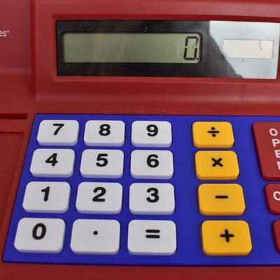 Calculator Cash Register Toy, WORKS, missing notepad/some coins stuck inside