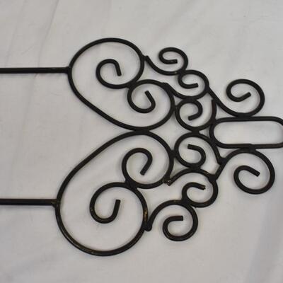 2 Wall hanging racks for plates, black metal w/ scroll design, 43in, 26 1/2in