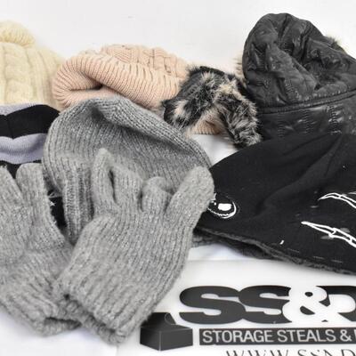 5 Winter caps, 1 pair gloves: Disney, Gap. SNCO, Target brands:, various colors