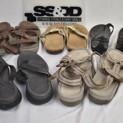 5 Pairs Womens sandals size 11M: Crocs, Vionic, black, brown, grey