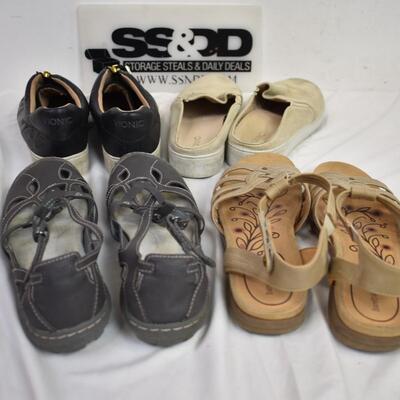 4 pc Women's: 3 prs shoes, 1 pair sandals Sizes 10M-11M, Vionic, JBU, Baretraps