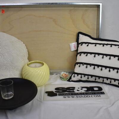 7 pc Home Decor lot: Picture Frame, 2 pillows, Candle, Paperweight, Candle Bowl