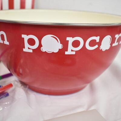 20+ pcs Kitchen lot: Metal popcorn bowl, 12 cups w/lids & straws, popcorn boxes