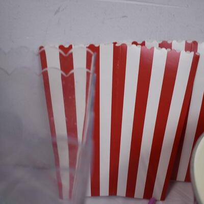 20+ pcs Kitchen lot: Metal popcorn bowl, 12 cups w/lids & straws, popcorn boxes