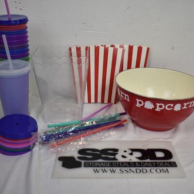 20+ pcs Kitchen lot: Metal popcorn bowl, 12 cups w/lids & straws, popcorn boxes