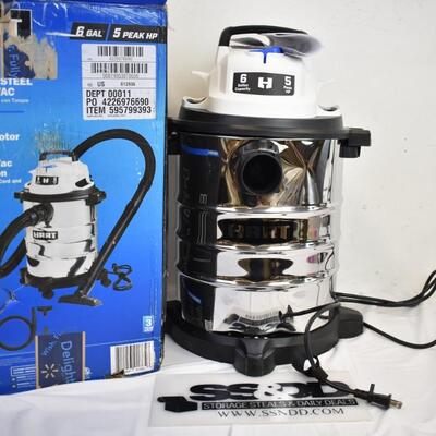 Hart 6 gallon stainless steel wet/dry vac, missing tubing & attachments, WORKS