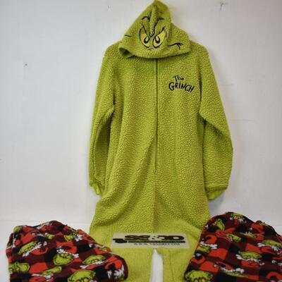 Adult Dr. Seuss Grinch PJs: 2 prs pants size XL, 1 hooded onesie no feet, size S
