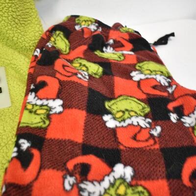 Adult Dr. Seuss Grinch PJs: 2 prs pants size XL, 1 hooded onesie no feet, size S