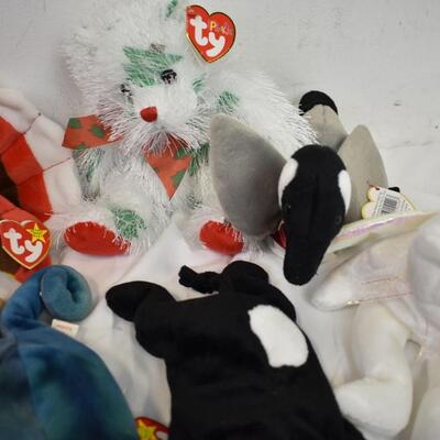 11 ty Beanie babies: 6 in, New old stock w/tags "Gobbles", "Lil Santa Claws"