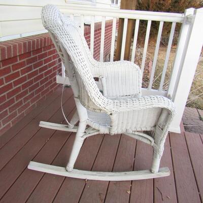 LOT 6  OUTDOOR WICKER ROCKER AND GLASS TOP SIDE TABLE