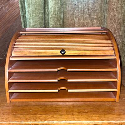 Lot 218 Wooden Roll Top Desk Top File w. Pull Out Shelves
