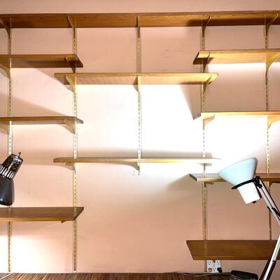 Lot 224 Vintage Floating Wall Shelving Brass Upright Brackets & Pine Board Shelves