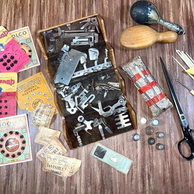 Lot 223 Assorted Sewing Notions 3 Sterling Thimbles Foldup Box w/Machine Parts Hooks