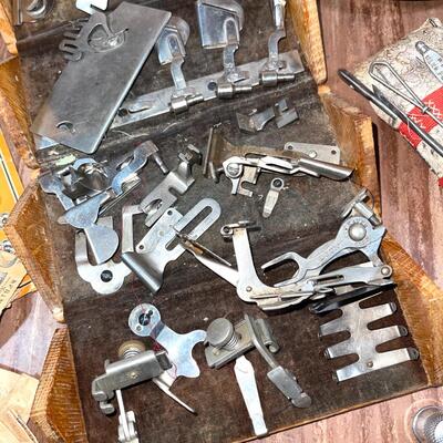 Lot 223 Assorted Sewing Notions 3 Sterling Thimbles Foldup Box w/Machine Parts Hooks