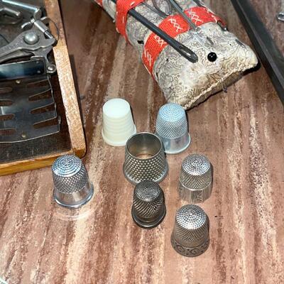 Lot 223 Assorted Sewing Notions 3 Sterling Thimbles Foldup Box w/Machine Parts Hooks