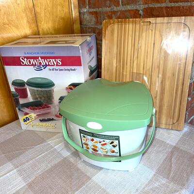Lot 227 Kitchen Seville Classics Wood Cutting Board Anchor Hocking Stowaways Waste Bucket