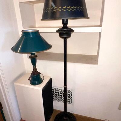 Lot 232 Black Metal Floor Lamp Tole Shade 60" + Green Metal Table Lamp