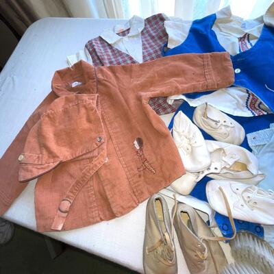 Lot 242 Vintage Boys Toddler Cloths Corduroy Jacket Plaid Suit Onesie Baby Shoes Brushes
