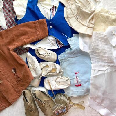 Lot 242 Vintage Boys Toddler Cloths Corduroy Jacket Plaid Suit Onesie Baby Shoes Brushes