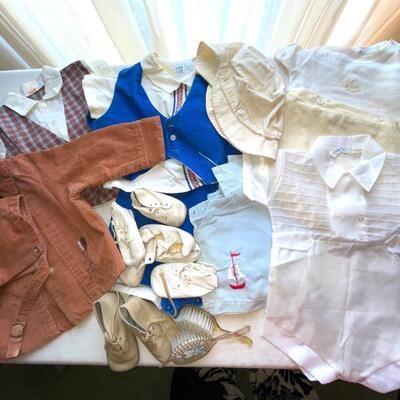 Lot 242 Vintage Boys Toddler Cloths Corduroy Jacket Plaid Suit Onesie Baby Shoes Brushes