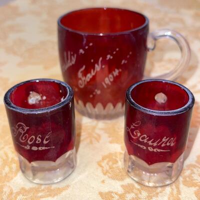 Lot 245 Antique China & Red Glass Souvenir Pieces 8" Pitcher Sauce Dish w/Ladle