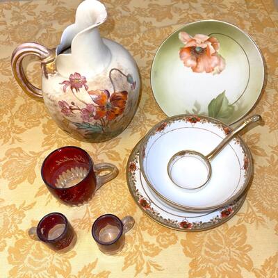Lot 245 Antique China & Red Glass Souvenir Pieces 8" Pitcher Sauce Dish w/Ladle