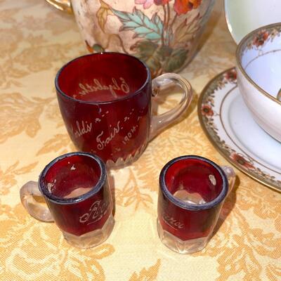 Lot 245 Antique China & Red Glass Souvenir Pieces 8" Pitcher Sauce Dish w/Ladle