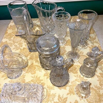 Lot 246 Clear Crystal Glass Assorted Baskets Vases Cruets Butter Dish Pitcher 14 pcs