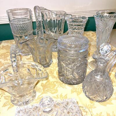 Lot 246 Clear Crystal Glass Assorted Baskets Vases Cruets Butter Dish Pitcher 14 pcs
