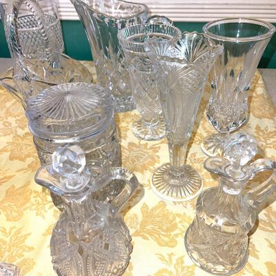Lot 246 Clear Crystal Glass Assorted Baskets Vases Cruets Butter Dish Pitcher 14 pcs
