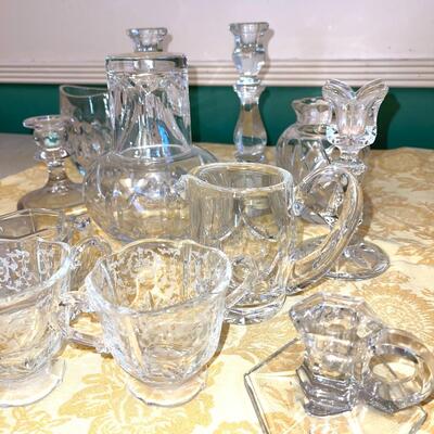 Lot 247 Clear Glass Assortment Candle Sticks Creamers & Sugars, Vases 15 pcs