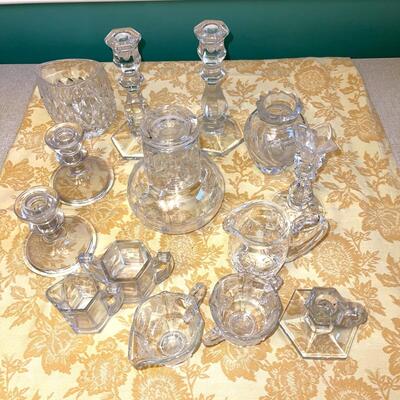 Lot 247 Clear Glass Assortment Candle Sticks Creamers & Sugars, Vases 15 pcs