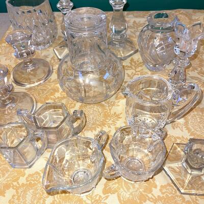 Lot 247 Clear Glass Assortment Candle Sticks Creamers & Sugars, Vases 15 pcs