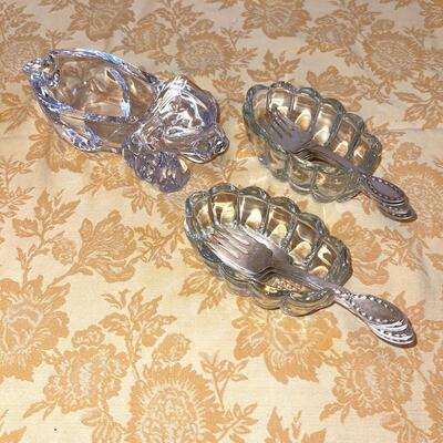 Lot 248 Crystal Dog Spoon Rest Bayel France, 2 Open Glass Spoon Holders / Bowls 12 Fish Forks by Alvin