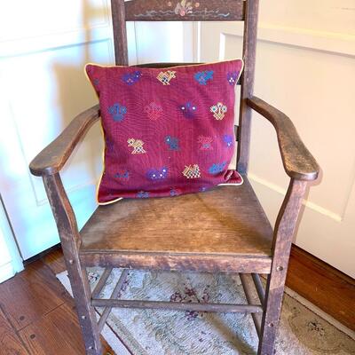 Lot 256 Antique Primitive Painted Wood Arm Chair w/Wood Seat