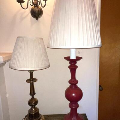 Lot 258 Table Lamps (2) Brass 30" tall + Red Lamp 42" tall