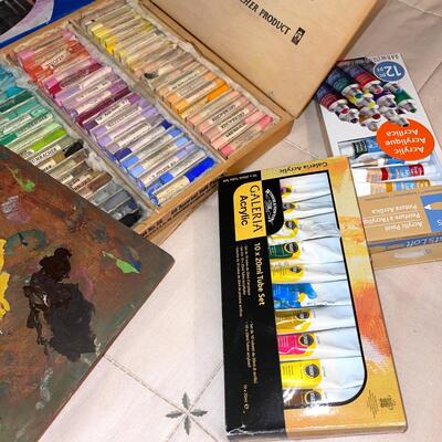 Lot 260 Group Art Supplies Brushes Gruenbacher Pastels Acrylic Paints Pallets + More