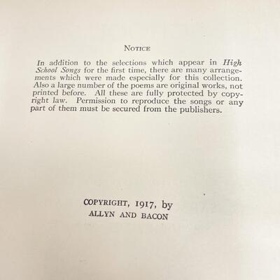 1917 â€œHIGH SCHOOL SONGSâ€ BY SARA CALLINAN MUSIC BOOK