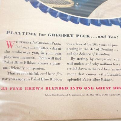 1948 PABST BLUE RIBBON BEER ADVERTISEMENT- GREGORY PECK