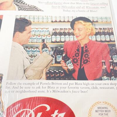 VINTAGE MILWAUKEE BLATZ BEER ADVERTISEMENT - PAULA BRITTON