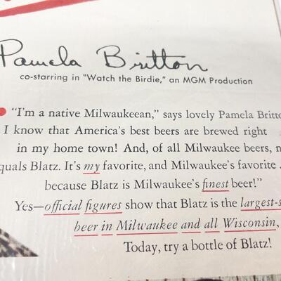 VINTAGE MILWAUKEE BLATZ BEER ADVERTISEMENT - PAULA BRITTON