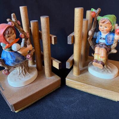 Vintage Hummel Bookends - Apple Tree Girl and Boy on Wood Base