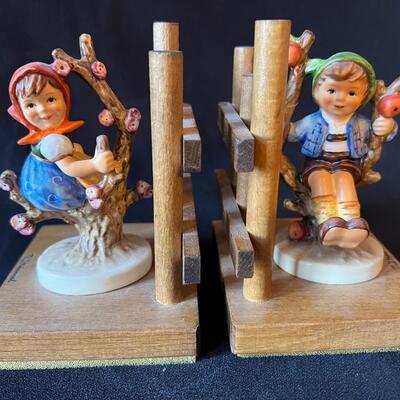 Vintage Hummel Bookends - Apple Tree Girl and Boy on Wood Base
