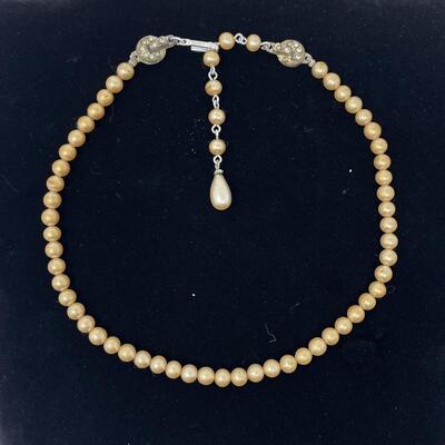 VINTAGE JAPAN PEARL? NECKLACE W/ RHINESTONES