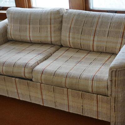 1970's TWEED PILE SOFAS IN IVORY /BROWN TWEED. PAIR TWO AND A THREE CUSHION
