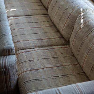 1970's TWEED PILE SOFAS IN IVORY /BROWN TWEED. PAIR TWO AND A THREE CUSHION