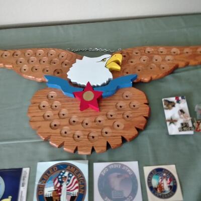 LOT 26 WOODEN EAGLE COIN DISPLAY AND MORE