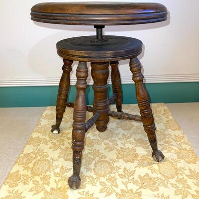 Lot 264 Antique Piano Stool Adjustable Ball & Claw Feet 14" Seat