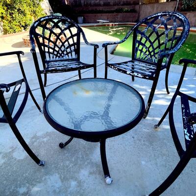Lot 268 Group Outdoor Patio Furniture 4 Aluminum Chairs + Small Glass Top Table