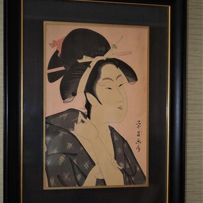 ANTIQUE JAPANESE WOODBLOCK OF GEISHA ON MUSEUM BOARD. FRAMED